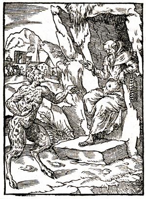 Half-Man, Half-Goat creature appearing to St. Anthony in the desert, 1560 (engraving)