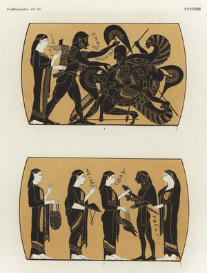 Hercules fighting Geryon and Perseus receiving gifts to defeat Medusa (colour litho)