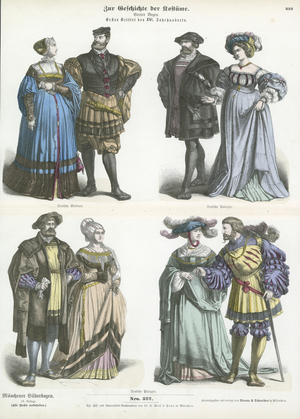 German costumes, early 16th Century (coloured engraving)