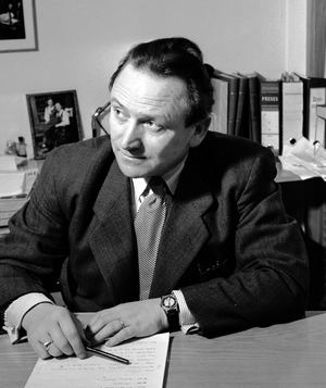 Oslo March 1950 Author and NRK employee Arthur Klæbo (1908 - 1985) here at the desk in NRK …, 1950 (photo)