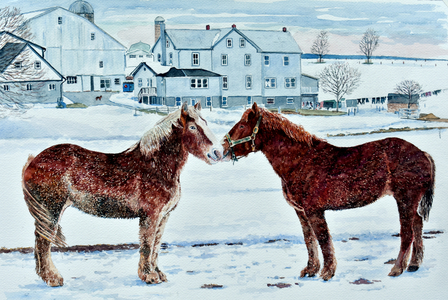 Horses, Amish Farm, Lancaster, Pa., 2018 (watercolor)