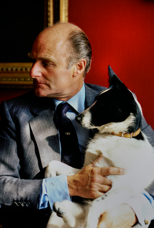 Portrait of John Partridge with Jack Russel Terrier, London, UK, 1982 (photo)