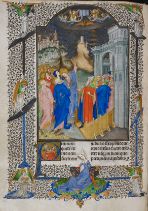 Christ shows the apostles the Kingdom of God. Text beginning with initial 'P', a bearded man. Borders with foliate decoration, and angels playing musical instuments, including a psaltery and a lute. At the foot, a woman holding two heraldic shields