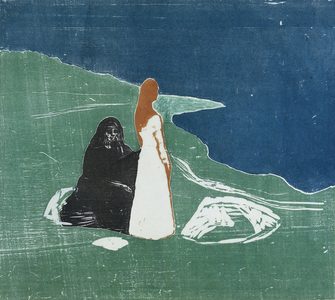 Two women on a beach, 1898 (colour woodcut)