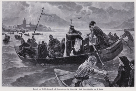 Arrival of the Abbess Irmgard, daughter of King Louis the German, at the convent on the island of Frauenchiemsee, Bavaria, 9th Century (engraving)