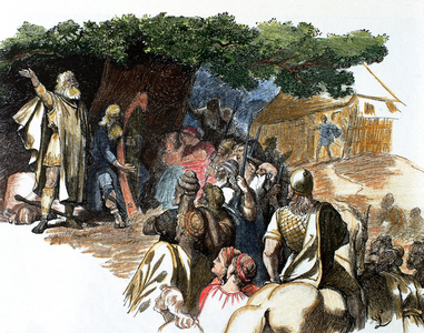 Germanic bards. Colored engraving.