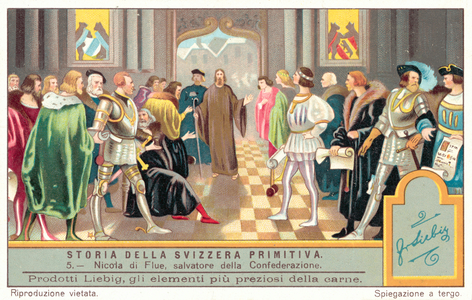Nicholas of Flue preventing the Swiss cantons from going to war against each other, 1481 (chromolitho)