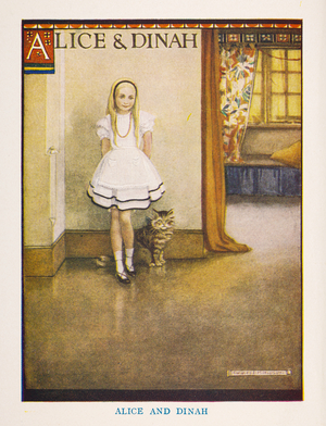 Alice and Dinah, The nursery Alice in Wonderland / retold for the nursery by Irene Pearl ; the pictures by Gwynedd Hudson, 1938 (colour litho)