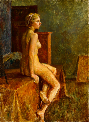 Fair hair model, perched on table, c.1925 (oil on canvas)