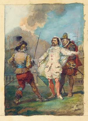 Les Fourberies de Scapin', after Moliere (Act II, Scene 3) (pencil, watercolour & gouache on paper)