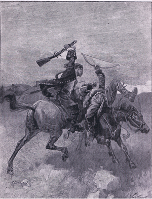 Knocks one of them off his horse (litho)