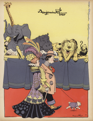 Animals laughing at a couple visiting the zoo (colour litho)
