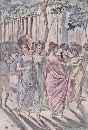 Les Merveilleuses aux Tuileries (colour litho)