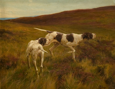 Pointers in a Landscape (oil on canvas)