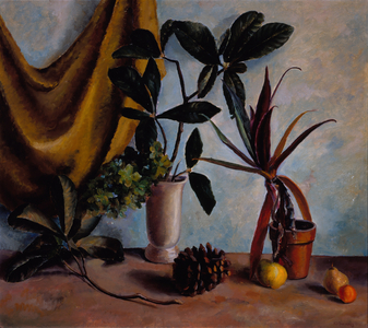 Still Life - Magnolia Limb, Pine Cone, Fruit & Drapery, before 1939 (oil on canvas)