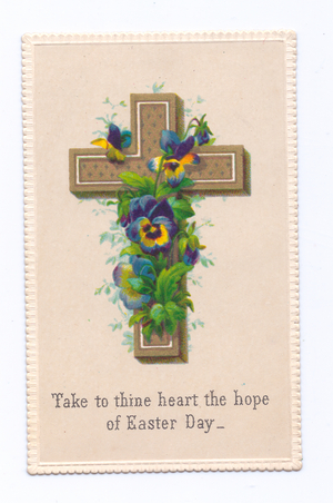 A Victorian religious Easter card of a cross decorated with pansies, c.1880 (colour litho)
