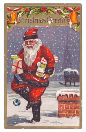 Edwardian Christmas postcard of Father Christmas in the snow with gifts under both his arms, c.1910 (colour litho)
