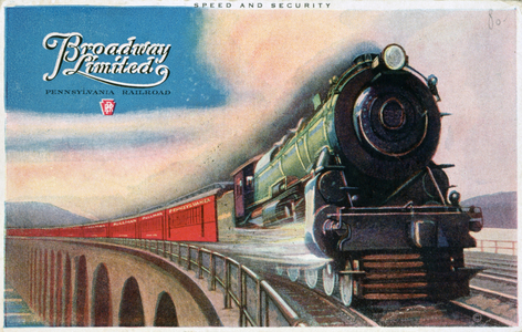 Speed and Security', 1927. Express train hauled by the american locomotive 'Broadway Limited' crossing a viaduct on the Pennsylvania Railroad. Transport Railway Steam United States