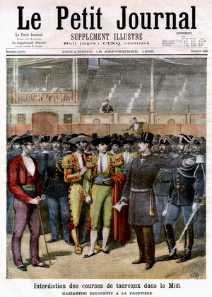 Frontpage of French paper "Le Petit Journal" september 15, 1895: corridas forbidden in south of France (torero Luis Mazzantini driven at border)