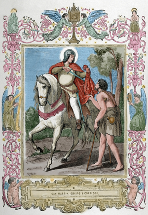 St. Martin of Braga (520-589) sharing his cloak with a beggar. Engraving