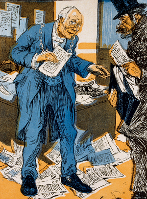 French illustration of a bank cashier speaking with a customer as he drops important deeds and papers on the floor 1900 (engraving)