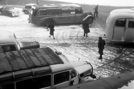 Guests of the exposition are arriving by bus, Leipzig Germany 1949