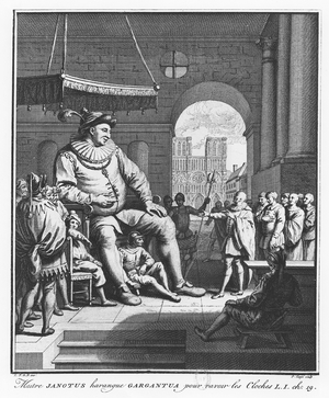 Master Janotus harangues Gargantua to give back the bells, 18th century (engraving)