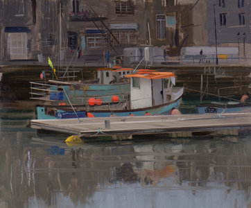 Boat with yellow flag, Padstow, January, 2015 (oil on board)