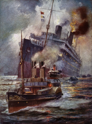 Torpedoed liner assisted into port (colour litho)