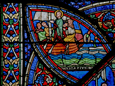 Window w21 depicting a scene from the life of St Eustache: he sets off with his family to Egypt (stained glass)