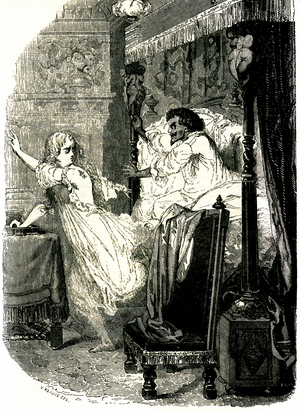 D'Artagnan discovers the infamous fleur-de-lys mark on Milady's shoulder, 1853 (illustration)