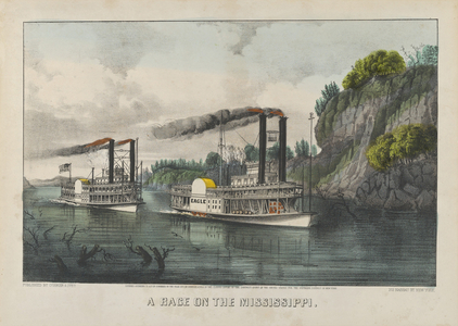 A Race on the Mississippi, 1870 (hand-coloured lithograph)