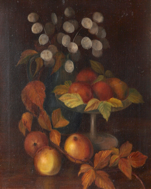 Still Life of Apples with Autumn Leaves and Honesty Pods (oil on canvas)