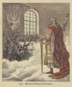 Students of the University of Paris toasting Charlemagne (colour litho)
