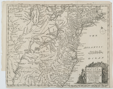 A Map of the British American Plantations, extending from Boston in New England to Georgia; including all the back settlements in the respective provinces, as far as the Mississipi, 1754 (engraving)