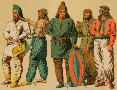 Near East, Scythians and Parthians, From left to right; 1: male Scythian garment, 2: male nuanced girdle, 3-4-5: men of the popular classes, 1881 (colour litho)
