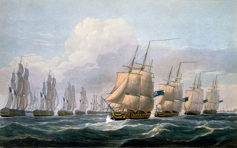 Capt. Beresford in HMS Theseus leading his squadron of ships from 'The Naval Chronology of Great Britain', by J. Ralfe, 1820 (coloured engraving)
