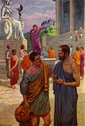 An illiterate voter asking Aristides to write his name on a shard of pottery used as a ballot (colour litho)