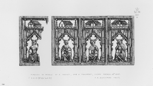 Victoria And Albert Museum: Plaques or Panels of a Casket, one a fragment, ivory, French, 14th century (engraving)