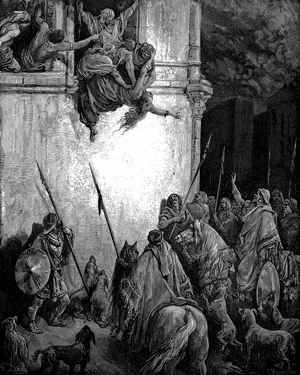 Jezebel, Phoenician princess and wife of King Ahab of Israel is thrown out of the window on the orders of Jehu, and her body is eaten by dogs. 2 Kings 9.33. From Gustave Dore illustrated Bible 1866 Wood engraving