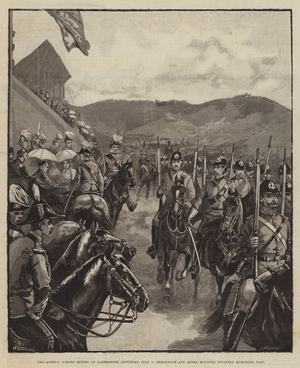 The Queen's Jubilee Review at Aldershott, Saturday, 9 July, Brecknock and Berks Mounted Infantry marching past (engraving)