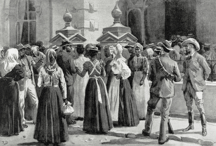 Second Anglo-Boer War (1899-1902). Exodus of Johannesburg. Native  people leaving from the city (engraving)