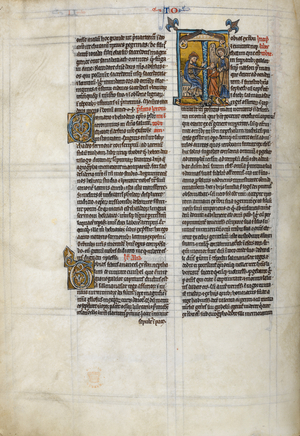 Illuminated historiated initial 'T' at the beginning of Tobit, with Tobit on the left (his closed eyes signifying his blindness) sending out his son Tobias with the angel Raphael, instead of the more usual scene of the blinding of Tobit which is more typically illustrated