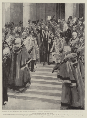Accession of King Edward VII, Proclamation outside the Royal Exchange, the Lord Mayor calling on the Assembly to sing "God Save the King" (litho)