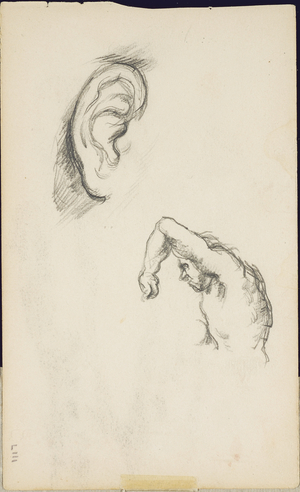 Studies after Luca Signorelli: an ear and a figure of a man, c.1877-80 (pencil on paper)