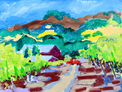 Red Truck in a Vineyard, California, 2021 (oil on canvas)