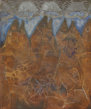 Four Fish; Cuatro pescados, c.1974-75 (oil and sand on canvas)