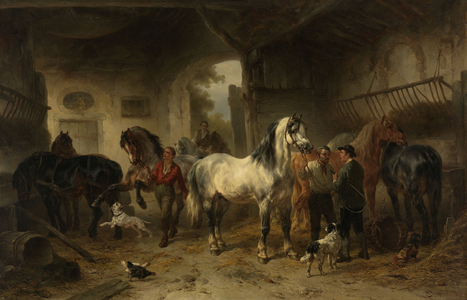 Interior of a stable with horses and figures, 1850-1874 (oil on canvas)