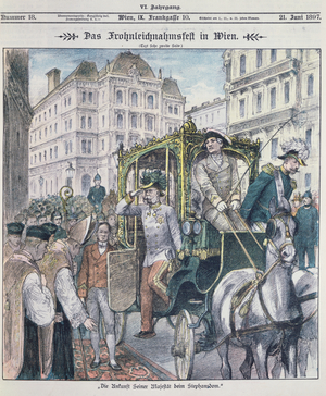 Emperor Franz Josef of Austria arriving at St. Stephans Cathedral, Vienna, to celebrate the Feast of Corpus Christi (Fronleichnam), 1897;