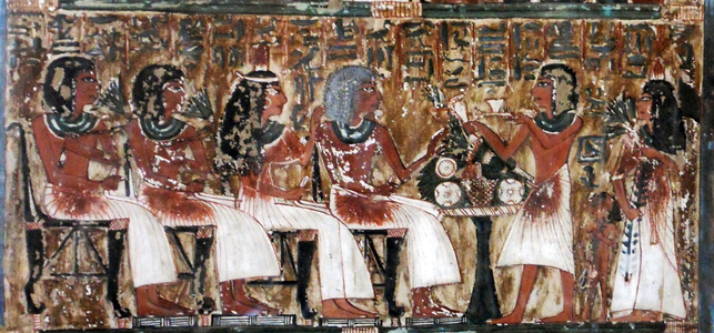 Stele Irynefer: Top level:The gods Anubis and Osiris enthroned facing Ahmose Nefertari and Amenhotep first deified: 2nd Level: his wife and their daughter Hathor Mehytkhaty make funerary offerings. Third Level: Hathor is offering with her brothers to her parents. Reign of Seti I and Ramses II to 1290-1220 BC